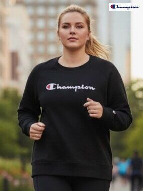 CHAMPION PowerBlend Fleece Logo Sweatshirt - Women's Plus Size 1X - Black - NWT